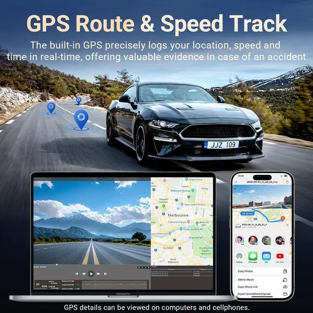 Alt view image 3 of 7 - 4K Dash Cam Front and Rear Inside, 3 Channel Car Dash Camera with Built-in GPS & 64GB SD Card, 5.8GHz WiFi, Night Vision, G-Sensor, Loop Recording, 3.39 Inch Screen, 24H Parking Monitor