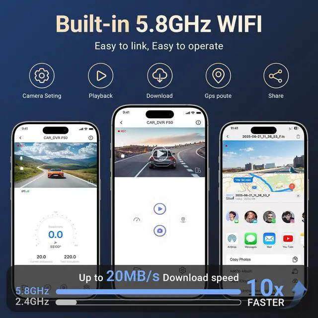 Alt view image 6 of 7 - 4K Dash Cam Front and Rear Inside, 3 Channel Car Dash Camera with Built-in GPS & 64GB SD Card, 5.8GHz WiFi, Night Vision, G-Sensor, Loop Recording, 3.39 Inch Screen, 24H Parking Monitor