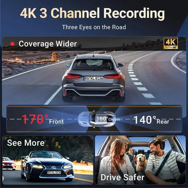 Alt view image 2 of 7 - 4K Dash Cam Front and Rear Inside, 3 Channel Car Dash Camera with Built-in GPS & 64GB SD Card, 5.8GHz WiFi, Night Vision, G-Sensor, Loop Recording, 3.39 Inch Screen, 24H Parking Monitor