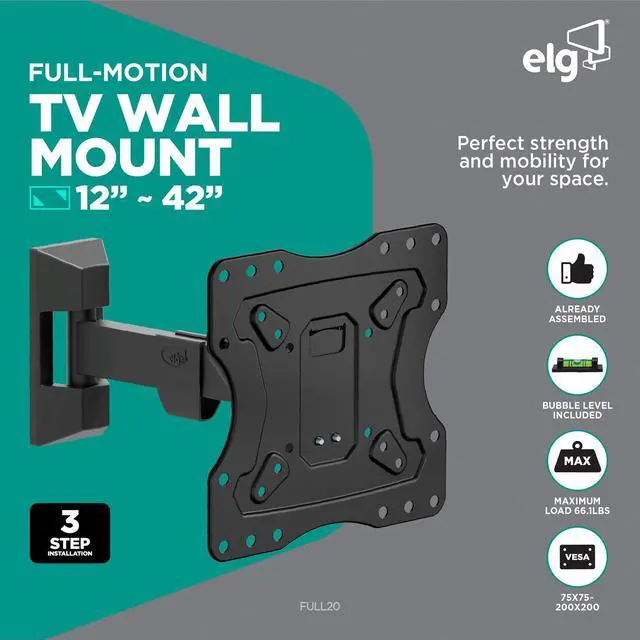 Alt view image 2 of 7 - Full Motion TV Wall Mount, 12"-42" TVs up to 66.1 lbs, Swivel, Tilt, 10" Reach, VESA 75x75 to 200x200mm, Pre-Assembled, Bubble Level, Carbon Steel, Black