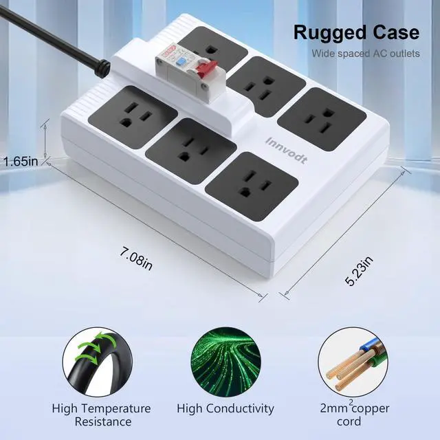 Alt view image 7 of 7 - GFCI Power Strip, 14AWG 10FT Heavy Duty Extension Cord, 30mA RCBO, 6 Outlets