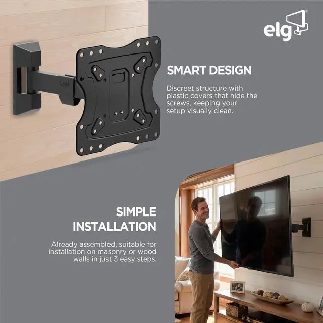 Alt view image 3 of 7 - Full Motion TV Wall Mount, 12"-42" TVs up to 66.1 lbs, Swivel, Tilt, 10" Reach, VESA 75x75 to 200x200mm, Pre-Assembled, Bubble Level, Carbon Steel, Black