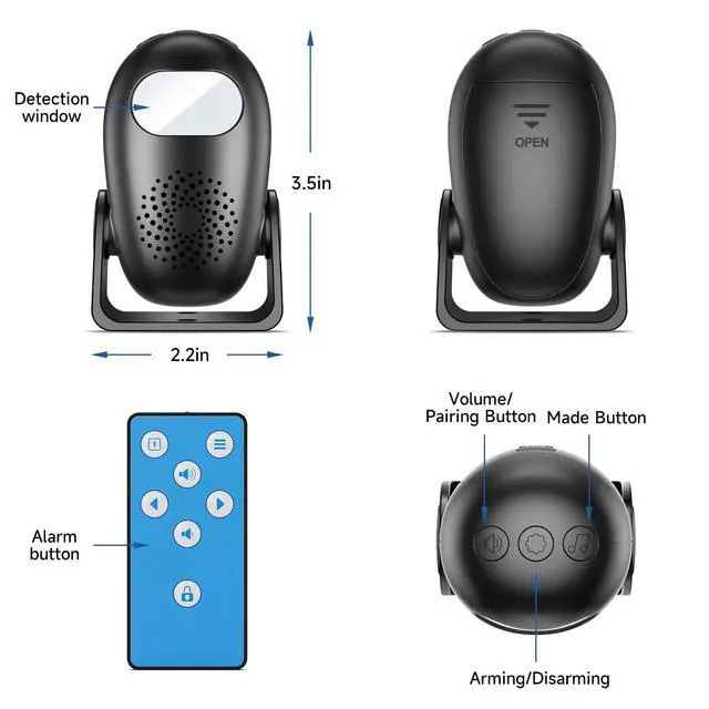 Alt view image 3 of 7 - Motion Sensor Alarm, Wireless Indoor Motion Detector with Remote Control | Wireless Store Welcome Motion Sensor with 11-Language Welcome Chime, 3 Modes Alert & 4-Level Volume Adjustable
