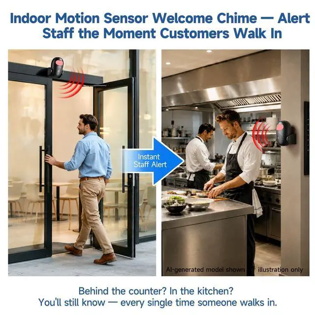 Alt view image 5 of 7 - Motion Sensor Alarm, Wireless Indoor Motion Detector with Remote Control | Wireless Store Welcome Motion Sensor with 11-Language Welcome Chime, 3 Modes Alert & 4-Level Volume Adjustable