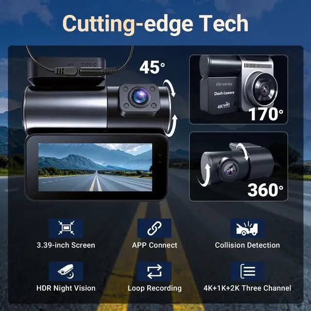 Alt view image 7 of 7 - 4K Dash Cam Front and Rear Inside, 3 Channel Car Dash Camera with Built-in GPS & 64GB SD Card, 5.8GHz WiFi, Night Vision, G-Sensor, Loop Recording, 3.39 Inch Screen, 24H Parking Monitor