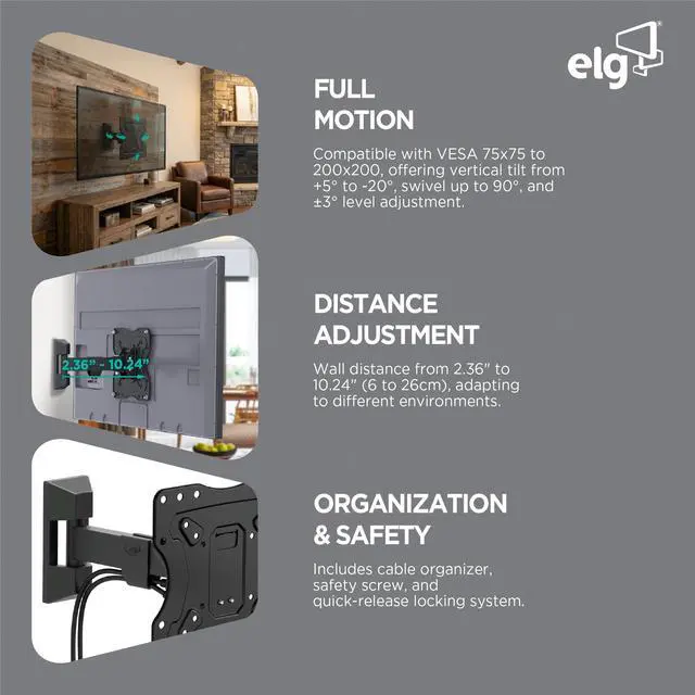 Alt view image 4 of 7 - Full Motion TV Wall Mount, 12"-42" TVs up to 66.1 lbs, Swivel, Tilt, 10" Reach, VESA 75x75 to 200x200mm, Pre-Assembled, Bubble Level, Carbon Steel, Black
