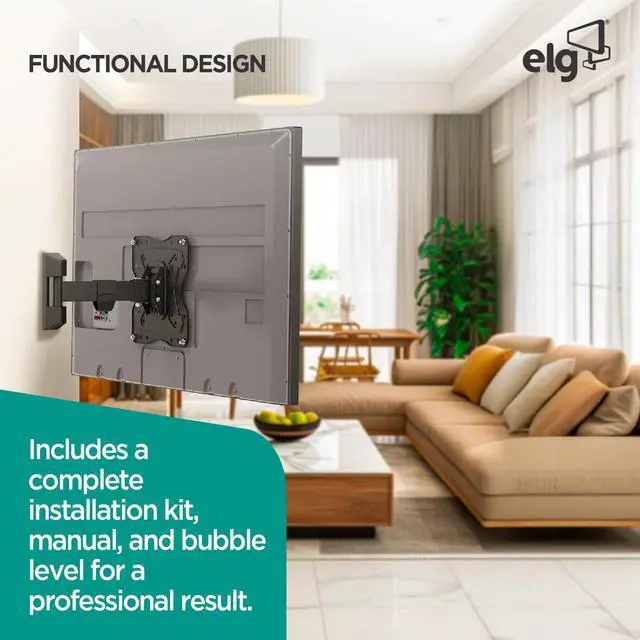 Alt view image 7 of 7 - Full Motion TV Wall Mount, 12"-42" TVs up to 66.1 lbs, Swivel, Tilt, 10" Reach, VESA 75x75 to 200x200mm, Pre-Assembled, Bubble Level, Carbon Steel, Black