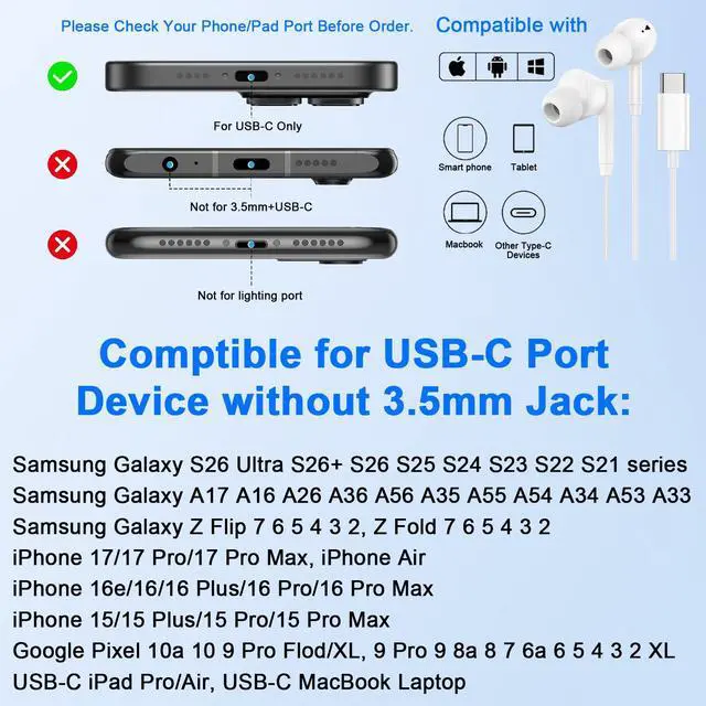 Alt view image 6 of 7 - Wired Earbuds USB C Ear Buds Wired Headphones for iPhone 17e 17 Pro Max 17 | 17Pro 16 Pro Max 16 Plus 16Pro 16e 15Pro Max/Plus/Pro 15, 2 Pack USBC in-Ear Earphones with Microphone for Samsung S26 S25