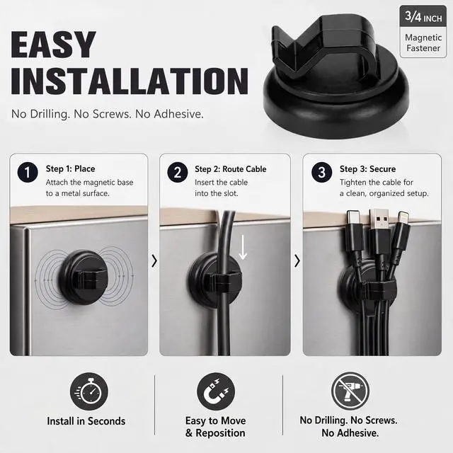 Alt view image 4 of 6 - 10pcs Magnetic Fasteners, 3/4" Magnetic Cable Holder, 23lbs Pull Force Zip Tie Mount Base, Durable Cable Organizer for Home Office Marine Electrical Wiring
