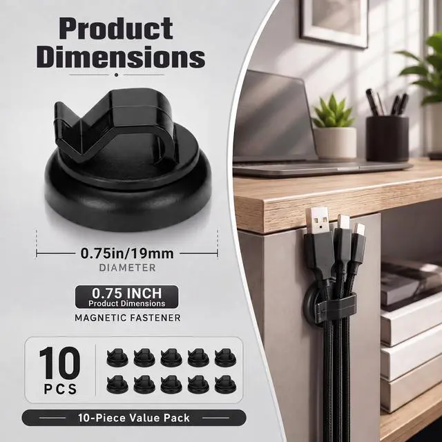 Alt view image 2 of 6 - 10pcs Magnetic Fasteners, 3/4" Magnetic Cable Holder, 23lbs Pull Force Zip Tie Mount Base, Durable Cable Organizer for Home Office Marine Electrical Wiring