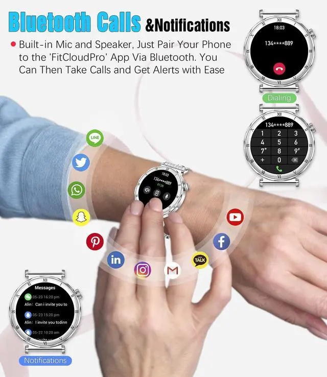 Alt view image 4 of 7 - Smart Watch for Women, 1.19" AMOLED HD Screen Women's Smartwatch, Fitness Tracker with Heart Rate/Sleep Monitor, Bluetooth Call, IP67 Waterproof, Compatible with iOS & Android (Elegant Silver RT-i222)