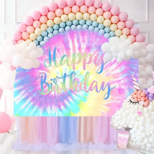Alt view image 5 of 7 - Rainbow Backdrop for Happy Birthday Macaron Pastel Colorful Birthday Banner | Rainbow Tie-Dye Theme Birthday Banner Colorful Party Decorations Cake Table Supplies