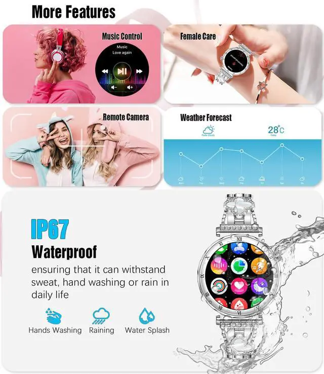 Alt view image 6 of 7 - Smart Watch for Women, 1.19" AMOLED HD Screen Women's Smartwatch, Fitness Tracker with Heart Rate/Sleep Monitor, Bluetooth Call, IP67 Waterproof, Compatible with iOS & Android (Elegant Silver RT-i222)