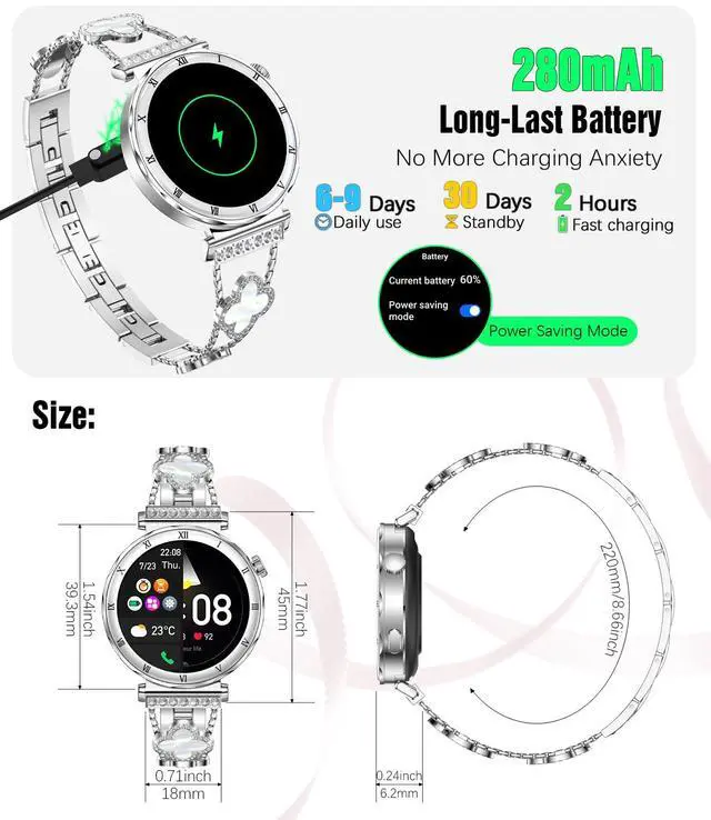 Alt view image 7 of 7 - Smart Watch for Women, 1.19" AMOLED HD Screen Women's Smartwatch, Fitness Tracker with Heart Rate/Sleep Monitor, Bluetooth Call, IP67 Waterproof, Compatible with iOS & Android (Elegant Silver RT-i222)