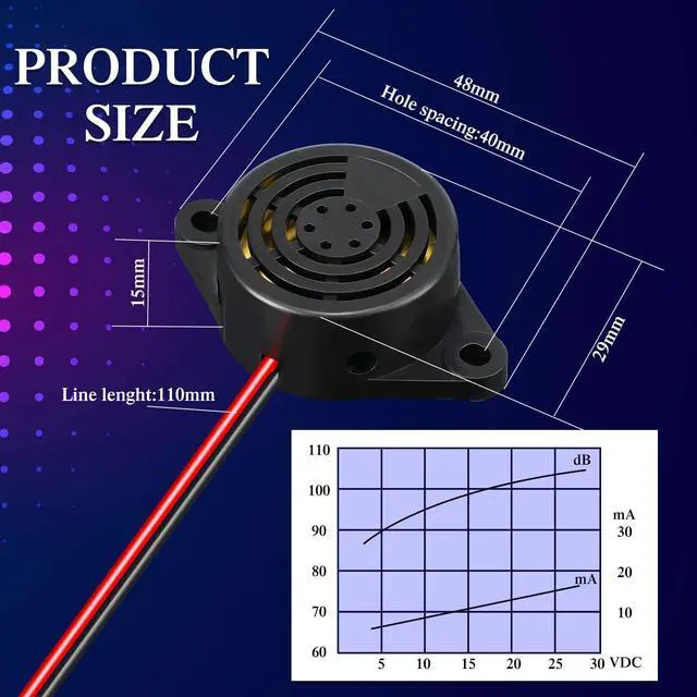 Alt view image 5 of 7 - DC 3-24V 95 dB Electronic Buzzer Active Piezo Buzzer Alarm Sounder Continuous Sound Beep, Black(36 Pcs)