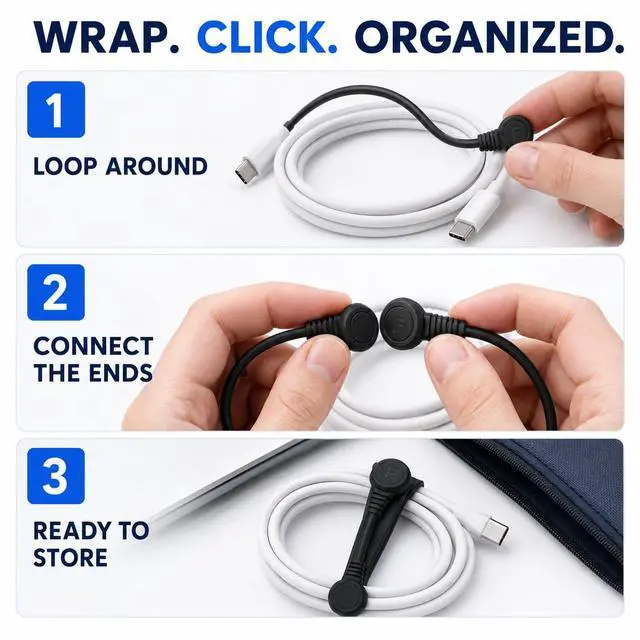 Alt view image 2 of 7 - 12 Pack Magnetic Cable Ties - Reusable Silicone Cord Organizer & Twist Tie for Cables, Travel & Home