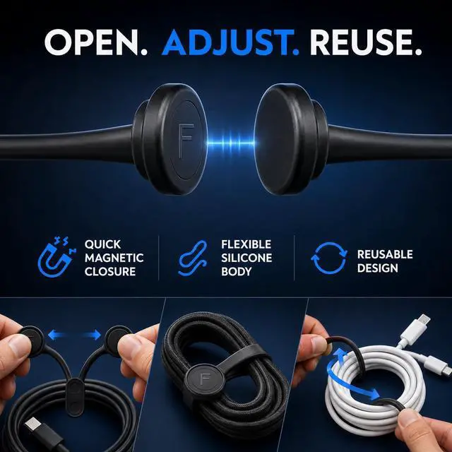 Alt view image 3 of 7 - 12 Pack Magnetic Cable Ties - Reusable Silicone Cord Organizer & Twist Tie for Cables, Travel & Home
