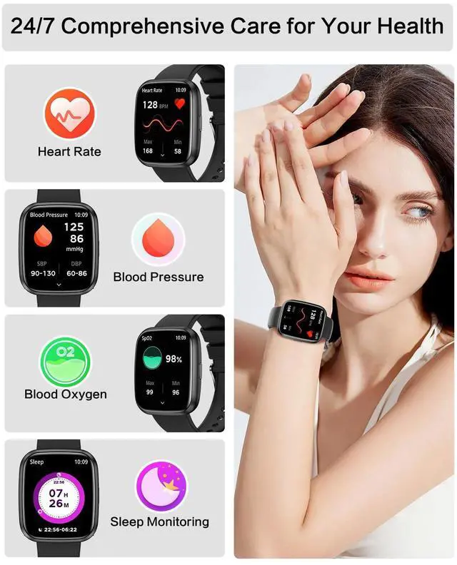 Alt view image 3 of 7 - Smart Watches for Men/Women, 1.75" Bluetooth Call, AI Voice Smartwatch, 24/7 Heart Rate Monitor, Blood Pressure/SpO2/Sleep Tracker, IP68 Waterproof, 100+ Sports Fitness Tracker for Android iOS Black