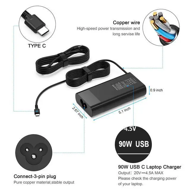 Alt view image 2 of 7 - 90W USB C Laptop Charger for HP Spectre x360 HP 904144-850 904082-003 adp-90fe 2ln85aa TPN-DA08 L45440-003 EliteBook 1040 G4 HP 90w USB-c Power Adapter Type C AC Adapter Power Supply Cord