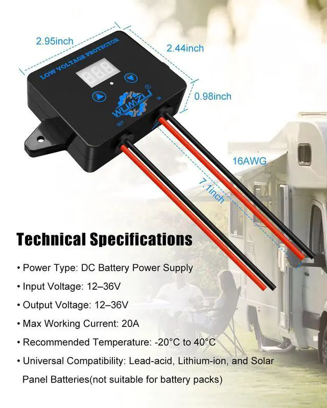 Alt view image 6 of 7 - 12V-36V DC Digital Low Voltage Protection Module with Display | Over Discharge Cut-Off Switch for Battery Protection Voltage Monitoring and Disconnect