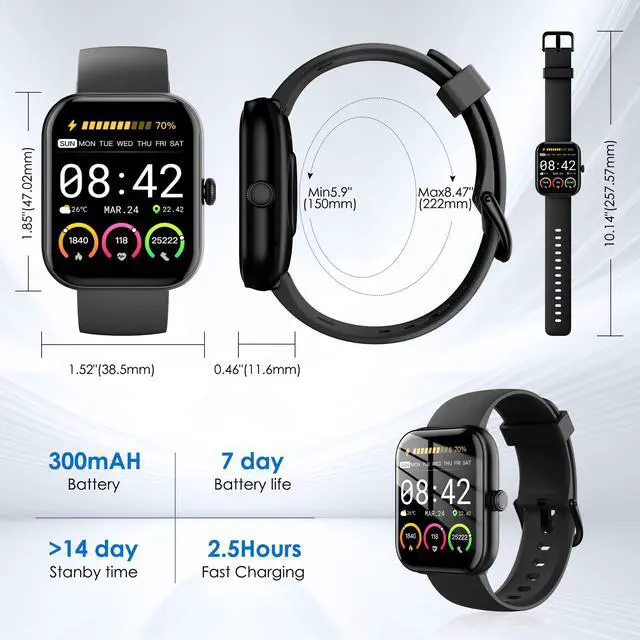 Alt view image 7 of 7 - Smart Watches for Women Android/iPhone, IP68 Waterproof Fitness Tracker with Bluetooth Calls(Answer&Make), Activity Pedometer/Heart Rate/SpO2 Monitor/100+ Sports Model (W20 Black)