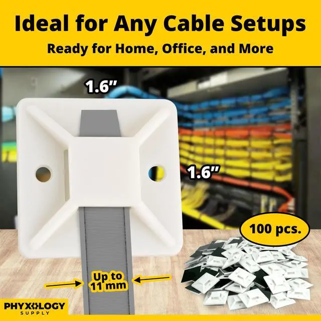 Alt view image 3 of 6 - Super-Adhesive X-Large Cable Tie Mounts 100 Pack For Fast, Frustration-Free Wire Management. Anchor These Zip Tie Bases Tools-Free With Sticky Backs Or Use Screw-Holes For Permanent Hold