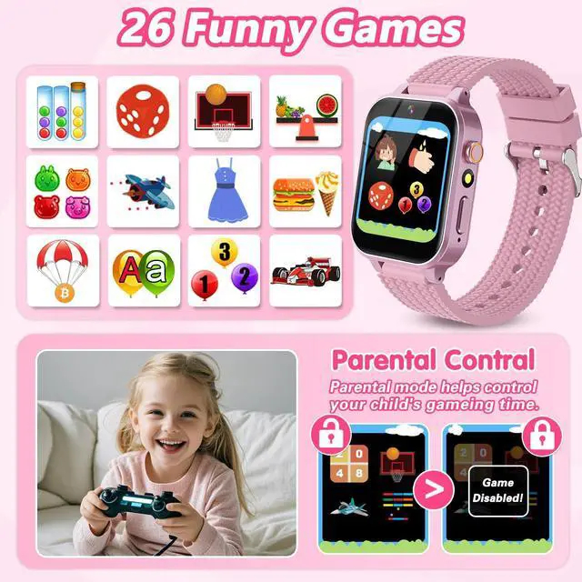 Alt view image 3 of 7 - Smart Watch for Kids Girl Gift Ages 3-12, 2 Screen Protector, 26 Puzzle Games, HD Camera Video Music Player Touchscreen Pedometer, Educationtal Toy Brithday Gifts for Girl Ages 4 5 6 7 8 9 10(Pink)