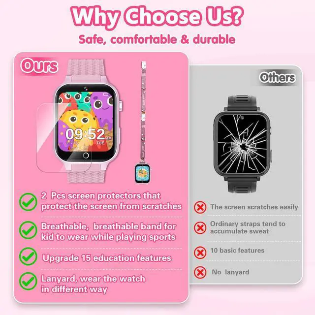 Alt view image 5 of 7 - Smart Watch for Kids Girl Gift Ages 3-12, 2 Screen Protector, 26 Puzzle Games, HD Camera Video Music Player Touchscreen Pedometer, Educationtal Toy Brithday Gifts for Girl Ages 4 5 6 7 8 9 10(Pink)
