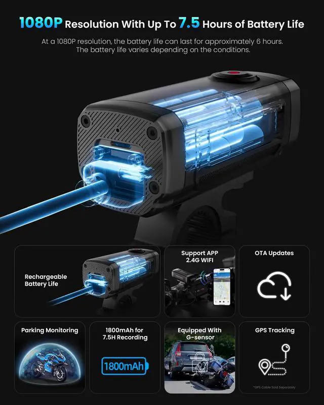 Alt view image 3 of 7 - AKY-710Lite Motorcycle Camera/Bike Camera 2K30FPS WiFi Action Camera with Ultra HD,IP66 Waterproof with Loop & Emergency Recording, Parking Monitor,Rechargeable,7.5 Hours Extended Battery