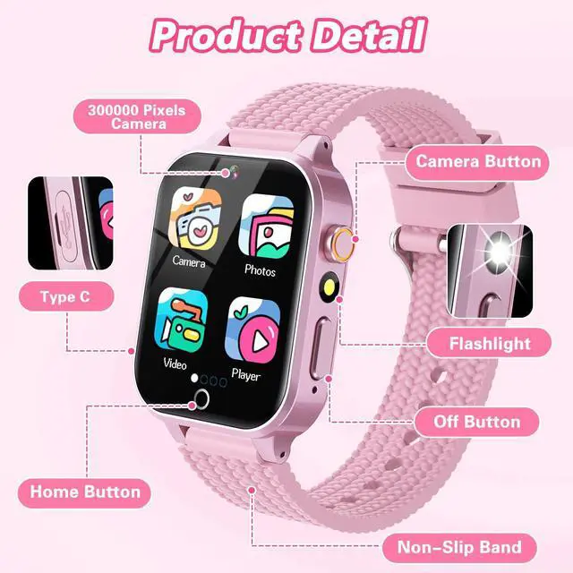 Alt view image 7 of 7 - Smart Watch for Kids Girl Gift Ages 3-12, 2 Screen Protector, 26 Puzzle Games, HD Camera Video Music Player Touchscreen Pedometer, Educationtal Toy Brithday Gifts for Girl Ages 4 5 6 7 8 9 10(Pink)