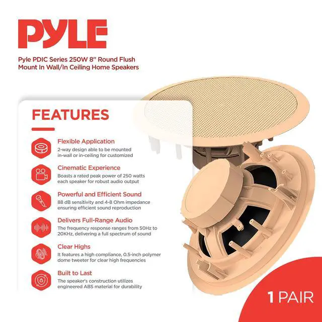 Alt view image 2 of 7 - 8 Pair Speakers, 250W 8" Round Flush Mount in Wall/in Ceiling Home Speakers, PDIC Series, Tan