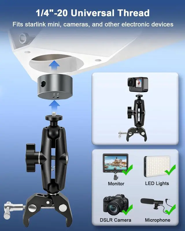Alt view image 4 of 7 - Starlink Mini Clamp Mount, Aluminum Starlink Mini Pole Mount Compatible with New and Traditional Pipe Adapters, Adjustable Clamp Bracket Fits Starlink Mini for RV /Roof Rack / Yacht / Camper / Balcony
