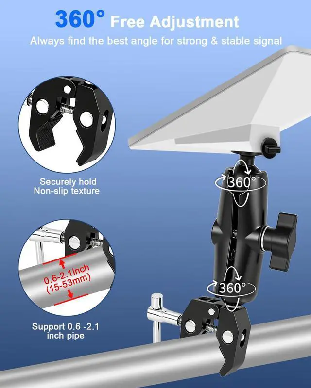 Alt view image 5 of 7 - Starlink Mini Clamp Mount, Aluminum Starlink Mini Pole Mount Compatible with New and Traditional Pipe Adapters, Adjustable Clamp Bracket Fits Starlink Mini for RV /Roof Rack / Yacht / Camper / Balcony
