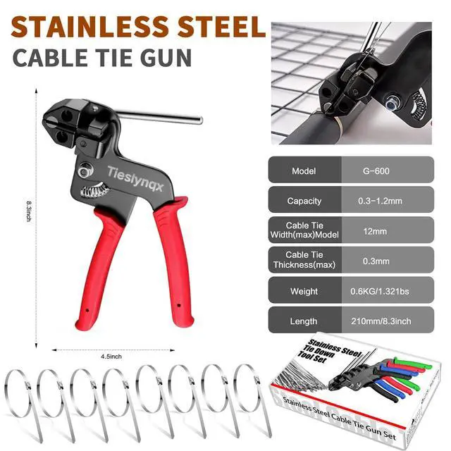 Alt view image 2 of 7 - Stainless Steel Cable Tie Gun Set, with 150PCS Black Metal Zip Ties (50 Each of 7.8, 9.8, 11.8 Inch), Adjustable Fastening Cutting Tie Tool Sets for Fencing, Exhaust Pipes, Automotive