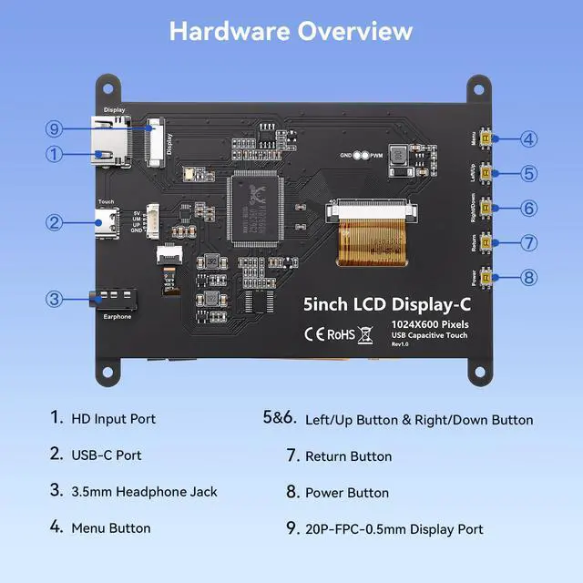 Alt view image 6 of 7 - 5 Inch Touchscreen Monitor for Raspberry Pi 5/4/3, 1024 x 600 IPS Display with 5-Point Touch Capacitive Screen, Plug and Play, Compatible with Raspberry Pi 5/4/3, Banana Pi, Jetson Nano