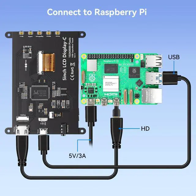 Alt view image 7 of 7 - 5 Inch Touchscreen Monitor for Raspberry Pi 5/4/3, 1024 x 600 IPS Display with 5-Point Touch Capacitive Screen, Plug and Play, Compatible with Raspberry Pi 5/4/3, Banana Pi, Jetson Nano