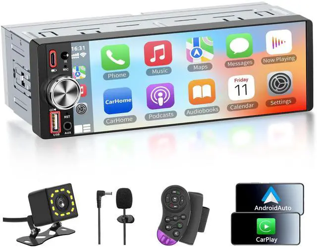 Main image of 6.5" IPS Single Din Touchscreen with Wireless Carplay & Android Auto | Bluetooth, Backup Camera Ready, GPS Navigation, USB/Type-C, FM/AM, EQ, AUX, MIC, Fits Single DIN Dash