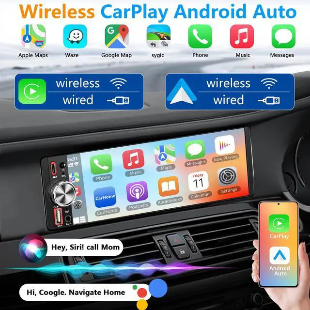 Alt view image 2 of 7 - 6.5" IPS Single Din Touchscreen with Wireless Carplay & Android Auto | Bluetooth, Backup Camera Ready, GPS Navigation, USB/Type-C, FM/AM, EQ, AUX, MIC, Fits Single DIN Dash