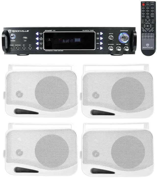 Main image of RPA60BT V2 Home Theater Receiver with 4 HP4S-8 Swivel Speakers | 1000W Peak / 250W RMS, Bluetooth/USB/Optical/Coaxial, 2 Mic Inputs with Echo, FM Radio, Preset EQ, Outdoor/Indoor, 5-Items