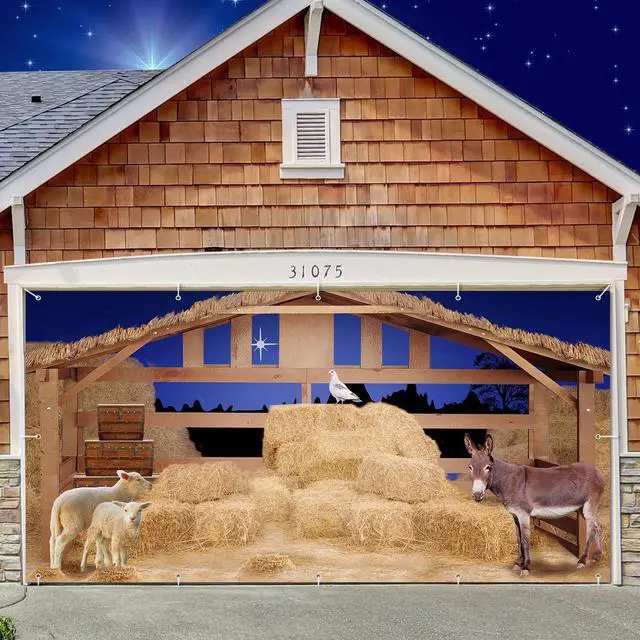Main image of Christmas Nativity Garage Door Banner Cover Nativity Stable Scene Backdrop Banner Farm Barn Backdrop Large Christmas Garage Door Murals Outdoor Xmas Holiday Winter Party Decor(8 x 16 ft)