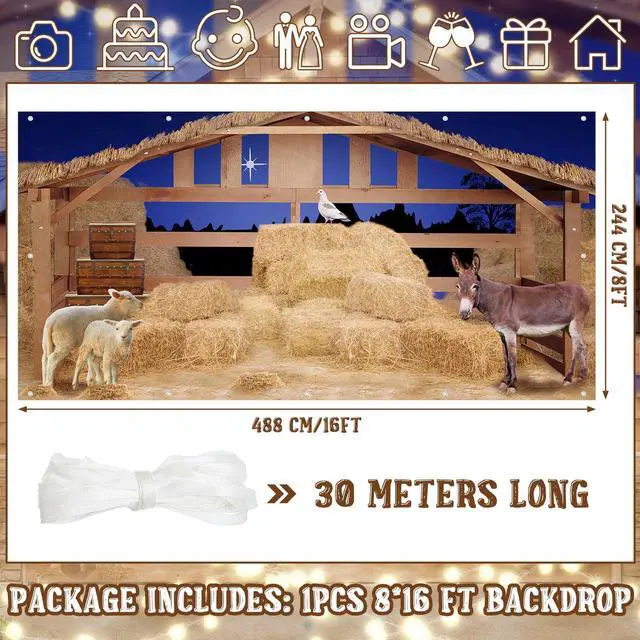 Alt view image 2 of 7 - Christmas Nativity Garage Door Banner Cover Nativity Stable Scene Backdrop Banner Farm Barn Backdrop Large Christmas Garage Door Murals Outdoor Xmas Holiday Winter Party Decor(8 x 16 ft)