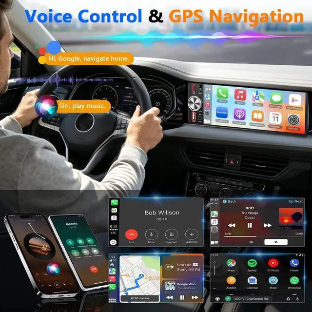 Alt view image 3 of 7 - 6.5" IPS Single Din Touchscreen with Wireless Carplay & Android Auto | Bluetooth, Backup Camera Ready, GPS Navigation, USB/Type-C, FM/AM, EQ, AUX, MIC, Fits Single DIN Dash
