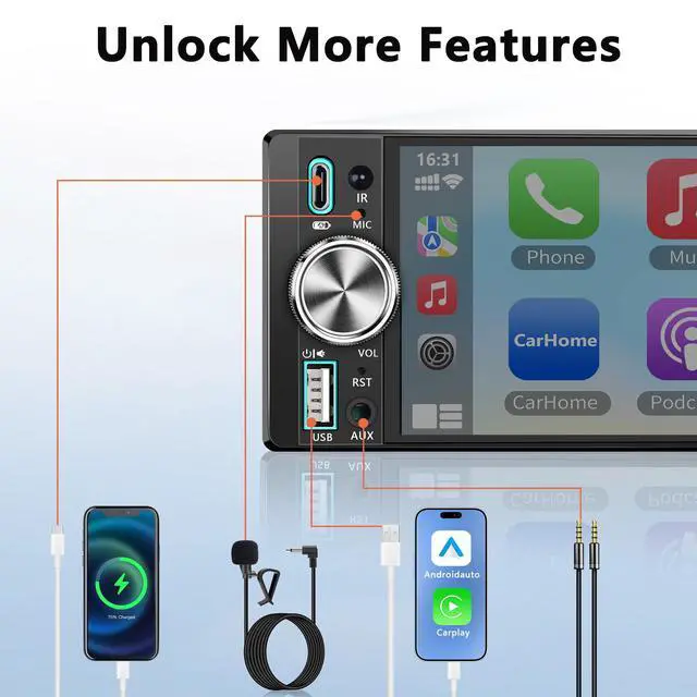 Alt view image 7 of 7 - 6.5" IPS Single Din Touchscreen with Wireless Carplay & Android Auto | Bluetooth, Backup Camera Ready, GPS Navigation, USB/Type-C, FM/AM, EQ, AUX, MIC, Fits Single DIN Dash