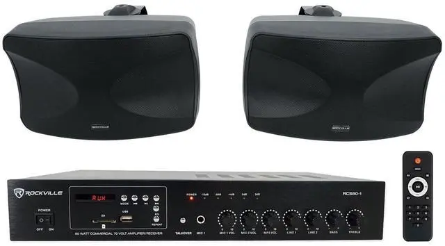 Main image of RCS80-1 70V Commercial Amp with Black WET-44 PRO Speaker Pair | 60W RMS, Bluetooth, USB/SD, FM, 2 Mic Inputs, WET-44 PRO Dual 4" 4-Way Swivel Speakers, Bass/Treble Controls, Remote, 2-Items