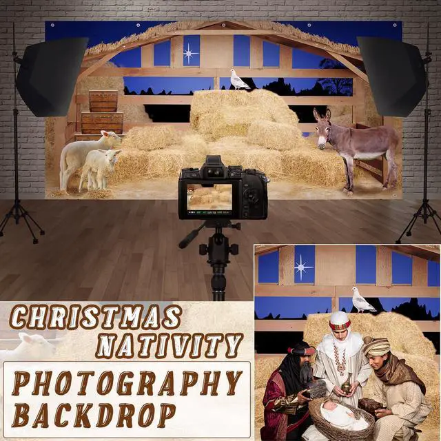 Alt view image 4 of 7 - Christmas Nativity Garage Door Banner Cover Nativity Stable Scene Backdrop Banner Farm Barn Backdrop Large Christmas Garage Door Murals Outdoor Xmas Holiday Winter Party Decor(8 x 16 ft)