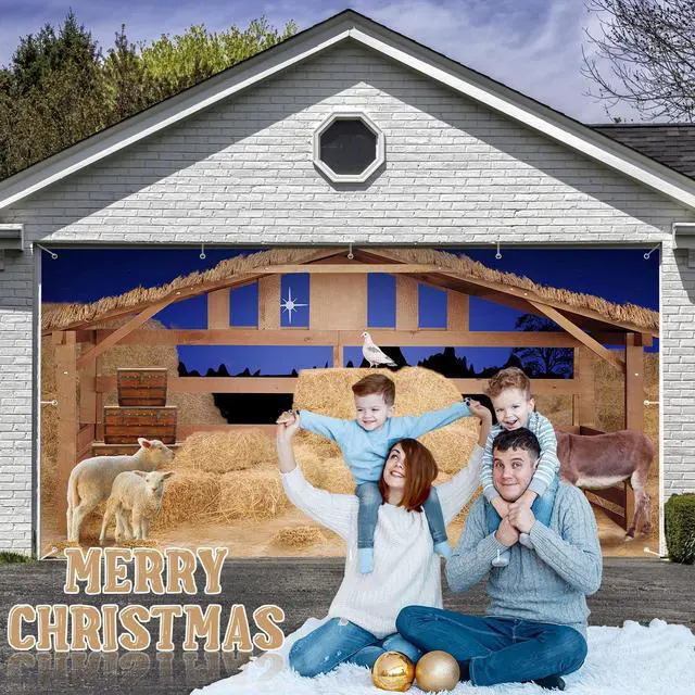Alt view image 5 of 7 - Christmas Nativity Garage Door Banner Cover Nativity Stable Scene Backdrop Banner Farm Barn Backdrop Large Christmas Garage Door Murals Outdoor Xmas Holiday Winter Party Decor(8 x 16 ft)