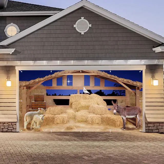 Alt view image 7 of 7 - Christmas Nativity Garage Door Banner Cover Nativity Stable Scene Backdrop Banner Farm Barn Backdrop Large Christmas Garage Door Murals Outdoor Xmas Holiday Winter Party Decor(8 x 16 ft)