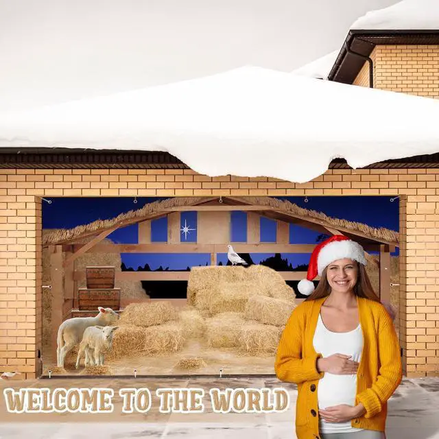 Alt view image 6 of 7 - Christmas Nativity Garage Door Banner Cover Nativity Stable Scene Backdrop Banner Farm Barn Backdrop Large Christmas Garage Door Murals Outdoor Xmas Holiday Winter Party Decor(8 x 16 ft)
