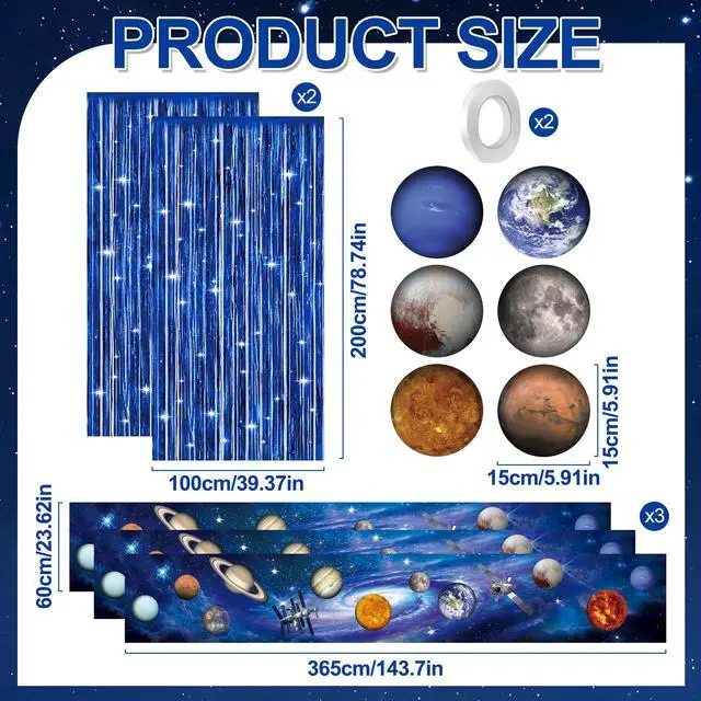 Alt view image 2 of 7 - Space Ceiling Decoration Set Galaxy Hanging Backdrop Solar System Party Decorations with Blue Foil Fringe Curtains Planet Stickers for Classroom Church Space Theme VBS 2026 Party Decor