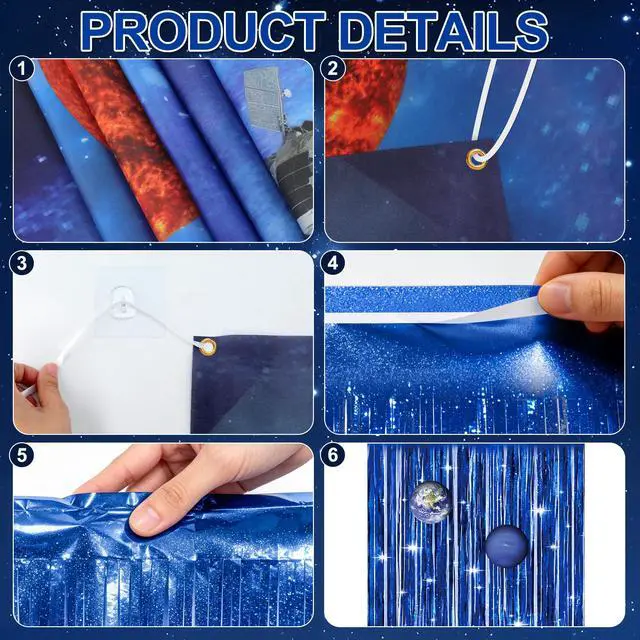 Alt view image 3 of 7 - Space Ceiling Decoration Set Galaxy Hanging Backdrop Solar System Party Decorations with Blue Foil Fringe Curtains Planet Stickers for Classroom Church Space Theme VBS 2026 Party Decor